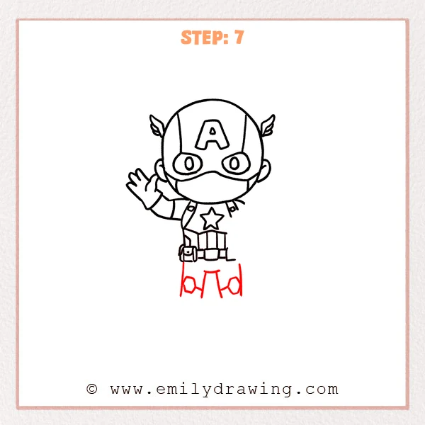 how to draw a captain america - Chibi Captain America with the full torso and belt, now extended into two legs with simple rounded knee pads.